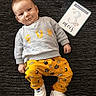 3_months, baby, carpet, cartoon_print, child, cute, floor, fun, indoors, infant, lying_down, milestone_card, pants, person, playful, portrait, smiling, sweatshirt, white_shoes, yellow_pants