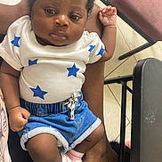 Loodnaicka is registered to the contest to win money with this photo: baby, child, infant, curly_hair, white_shirt, blue_stars, denim_shorts, socks, person, lap, indoor, floor_tiles, chair, footwear, cute, calm, resting, skin, hand, portrait
