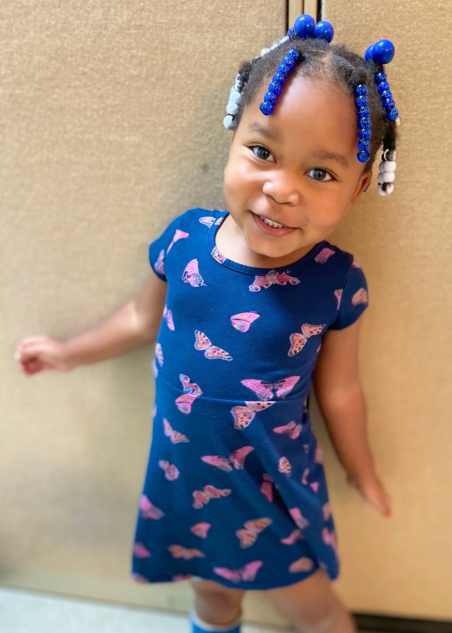 Cali joined the competition — help win amazing prizes! baby_toddler_clothing, blue, clothing, day_dress, electric_blue, gesture, hairstyle, happy, headgear, joint, joy, magenta, neck, one_piece_garment, person, purple, shoulder, skin, sleeve, smile