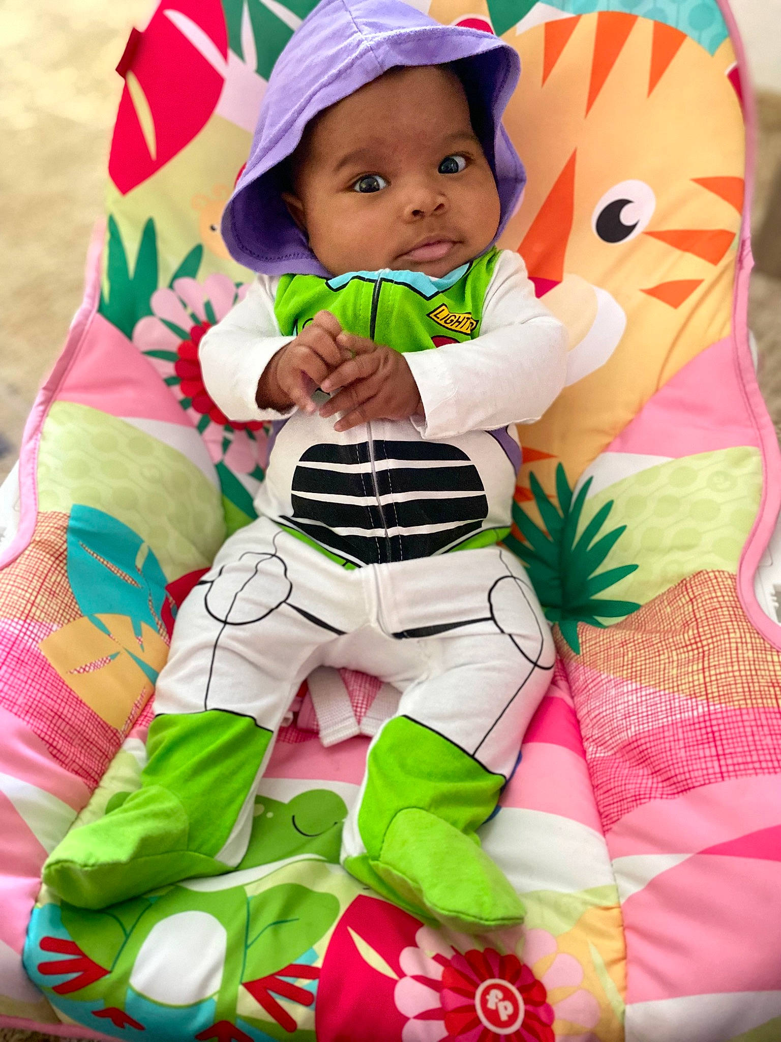 Hannah joined the competition — help win amazing prizes! baby, baby_products, baby_toddler_clothing, cap, carmine, child, fictional_character, green, happy, hat, headwear, linens, magenta, pattern, person, pink, red, sitting, sleeve, t_shirt