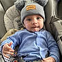 baby, child, hat, pom_poms, blue_clothing, car_seat, seatbelt, infant, cute, portrait, indoor, knit_hat, onesie, baby_gesture, young_child, face, eyes, hands, comfort, sitting