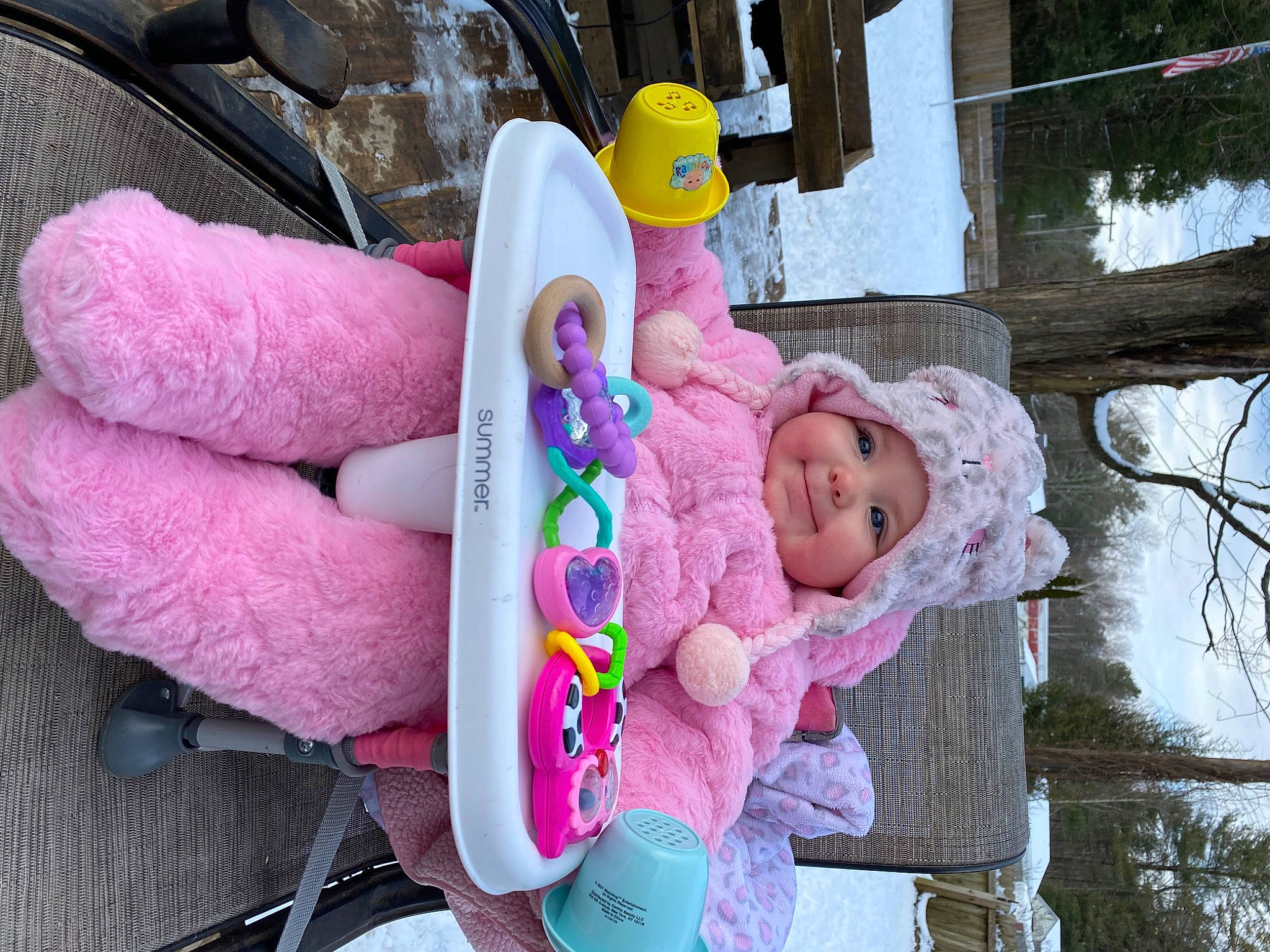 Lorelai joined the competition — help win amazing prizes! baby, baby_products, child, fun, fur, green, happy, headwear, joy, leisure, magenta, person, pink, plush, purple, smile, stuffed_toy, toddler, toy, tree