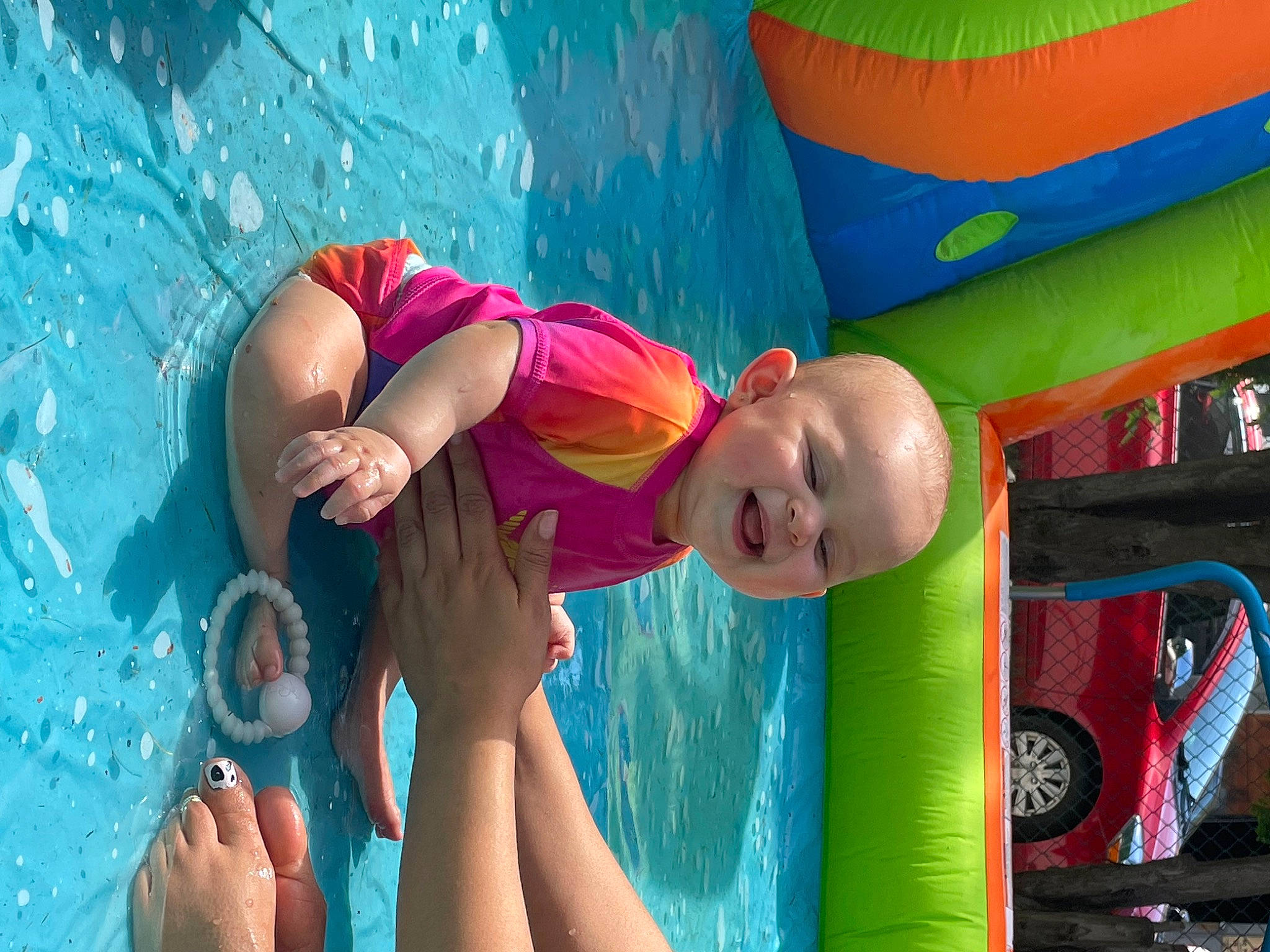Jacie joined the competition — help win amazing prizes! azure, blue, fun, green, happy, leisure, people, person, photograph, pink, product, recreation, red, smile, summer, swimming_pool, tire, toddler, water, wheel