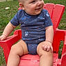 Prometheus is registered to the contest to win money with this photo: baby, child, outdoor, grass, red_chair, onesie, space_theme, smile, barefoot, tree, sky, house, suburb, portrait, happy, cute, infant, seat, nature, daytime