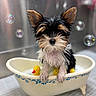 bath_time, bathroom, bathtub, black_and_tan, blue_pattern, bubbles, centered_composition, ceramic_tub, cute, dog, fluffy, indoors, pet, playful, pointed_ears, portrait, puppy, rubber_ducks, small_dog, wet_fur