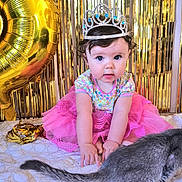 Freyjarose is registered to the contest to win money with this photo: baby, girl, tiara, pink_tutu, kitten, gray_cat, balloon, gold_balloon, party, celebration, blanket, curly_hair, tulle_skirt, floor, decorations, gold_streamers, indoor, child, cute, pet