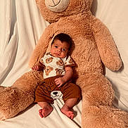 Thiago is registered to the contest to win money with this photo: baby, teddy_bear, plush_toy, child, infant, soft_toy, brown_clothing, bear_pattern, cute, smiling, sitting, indoors, cozy, white_background, portrait, feet, happy, small_child, cuddly, toy