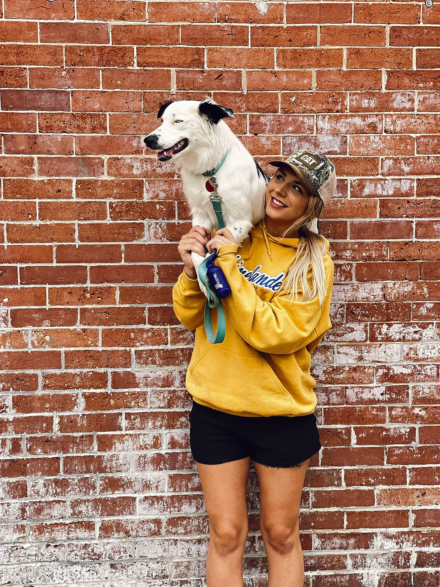 Cardi joined the competition — help win amazing prizes! brick, brickwork, canidae, carnivore, companion_dog, dog, dog_breed, eyewear, fashion_accessory, fawn, fur, happy, hat, human_leg, personal_protective_equipment, shorts, smile, sporting_group, thigh, waist
