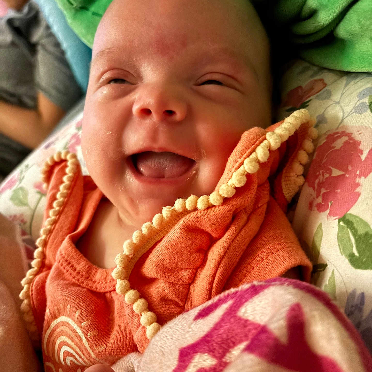 Alaina joined the competition — help win amazing prizes! accessories, baby, babylaughing, blanket, bodypart, earring, face, happy, head, homedecor, jewelry, laughing, mouth, necklace, newborn, person, photography, portrait, quilt, smile