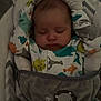 baby, sleeping, infant, onesie, animal_print, blanket, baby_seat, cozy, cute, child, face, head, indoor, pattern, soft, peaceful, rest, toddler, young_child, comfort