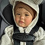 child, toddler, baby, car_seat, seatbelt, buckle, hood, beanie, fleece, winter_clothing, cozy, rosy_cheeks, portrait, closeup, car_interior, cute, expression, infant, safety, warmth