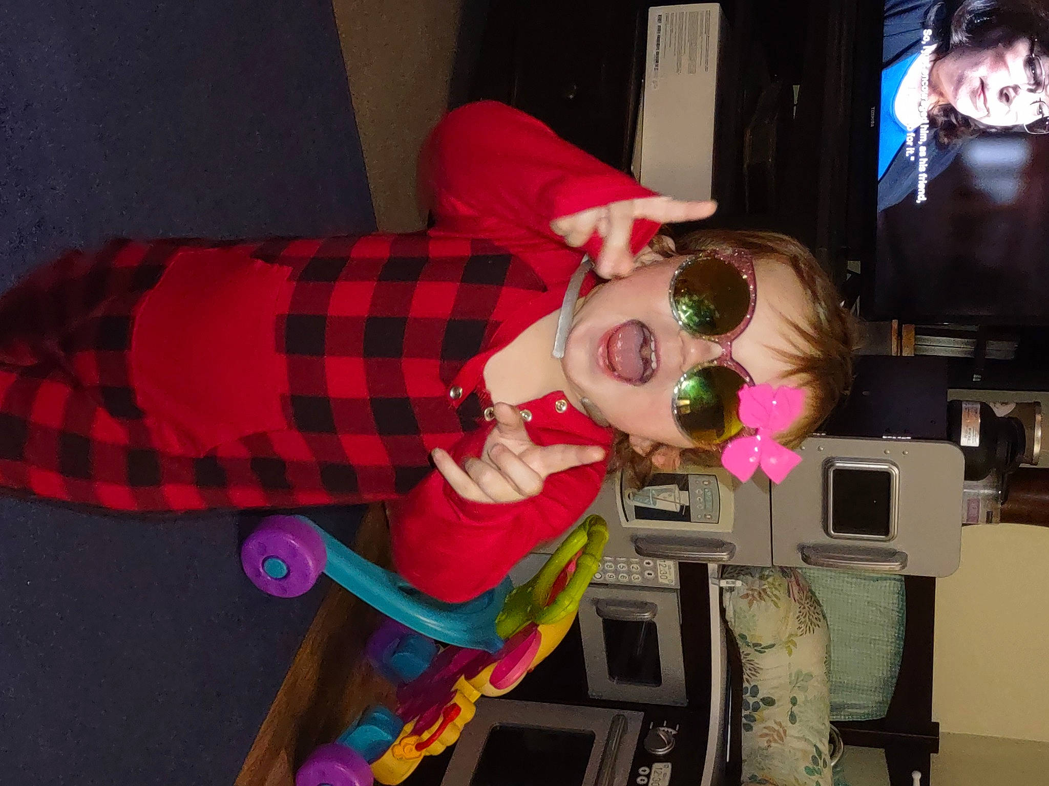 Sanza joined the competition — help win amazing prizes! child, costume, display_device, entertainment, event, eyewear, fashion_design, fun, machine, magenta, office_equipment, party, pattern, person, plaid, room, smile, tartan, television, television_set