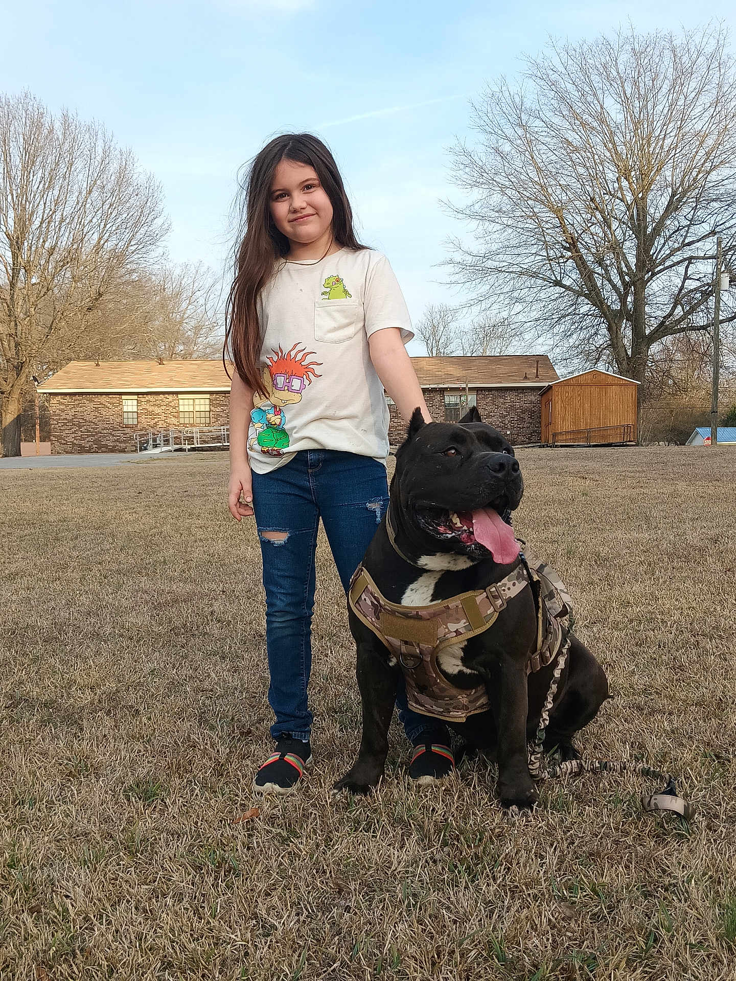 Udk Toro joined the competition — help win amazing prizes! child, girl, dog, pet, large_dog, harness, leash, grass, backyard, house, trees, sky, tshirt, jeans, sneakers, smile, tongue_out, happy, portrait, daylight