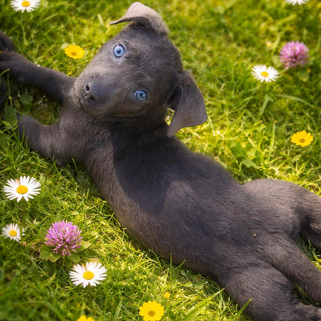 Winter joined the competition — help win amazing prizes! puppy, dog, grass, flowers, daisies, clover, outdoor, nature, cute, animal, pet, greenery, laying_down, blue_eyes, young, sunlight, summer, playful, portrait, curious