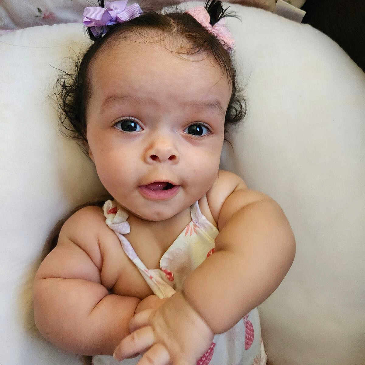 Myracle is registered to the contest to win money with this photo: accessories, baby, bed, bodypart, couch, cushion, face, finger, furniture, hand, happy, head, homedecor, jewelry, necklace, newborn, person, photography, portrait, smile