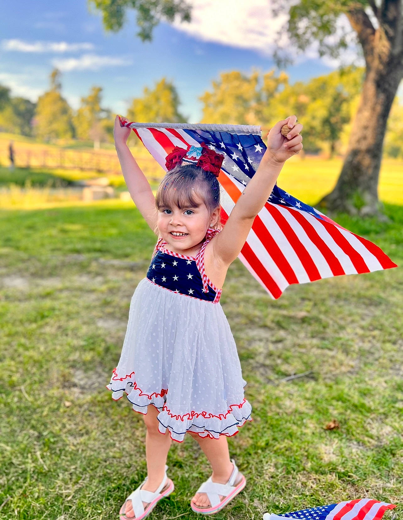 Allie joined the competition — help win amazing prizes! child, dress, electric_blue, event, flag, flag_of_the_united_states, fun, grass, grassland, happy, joy, lawn, leisure, meadow, people_in_nature, person, plant, recreation, sky, summer