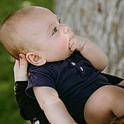 Leo joined the competition — help win amazing prizes! baby, infant, child, person, hand, face, skin, clothing, onesie, outdoor, tree, nature, holding, cute, young, portrait, looking, fingers, head, expression