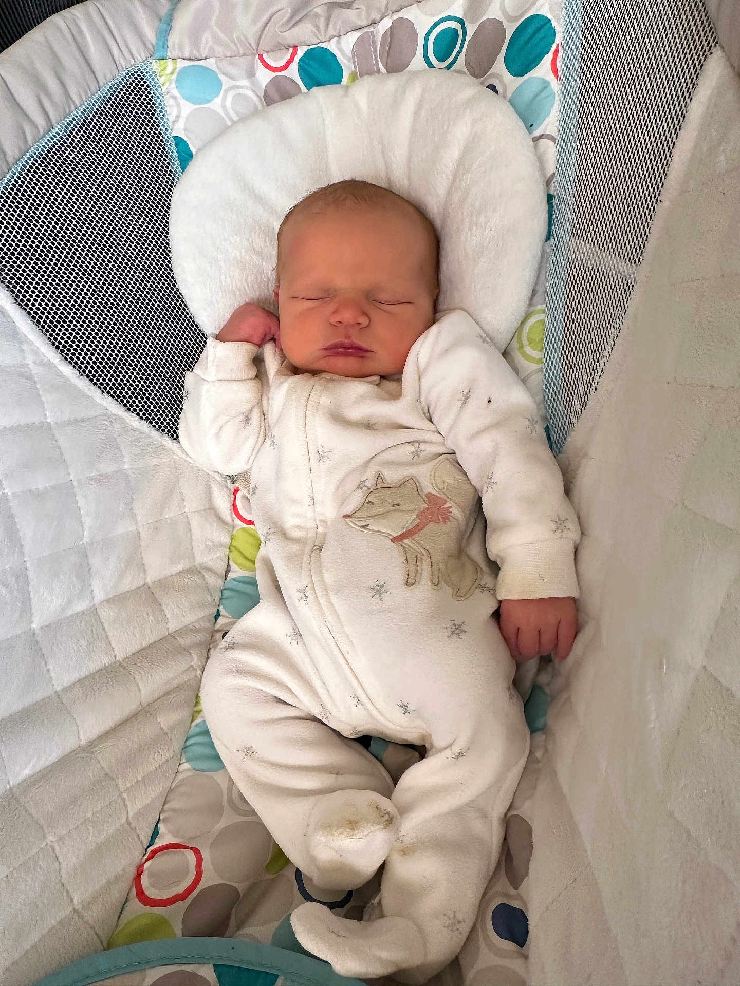 Abby is registered to the contest to win money with this photo: baby, newborn, sleeping, onesie, fox_design, baby_sleeper, cushion, quilted, soft, cozy, infant, child, cute, sleep, pajamas, pattern, colorful, fabric, resting, peaceful