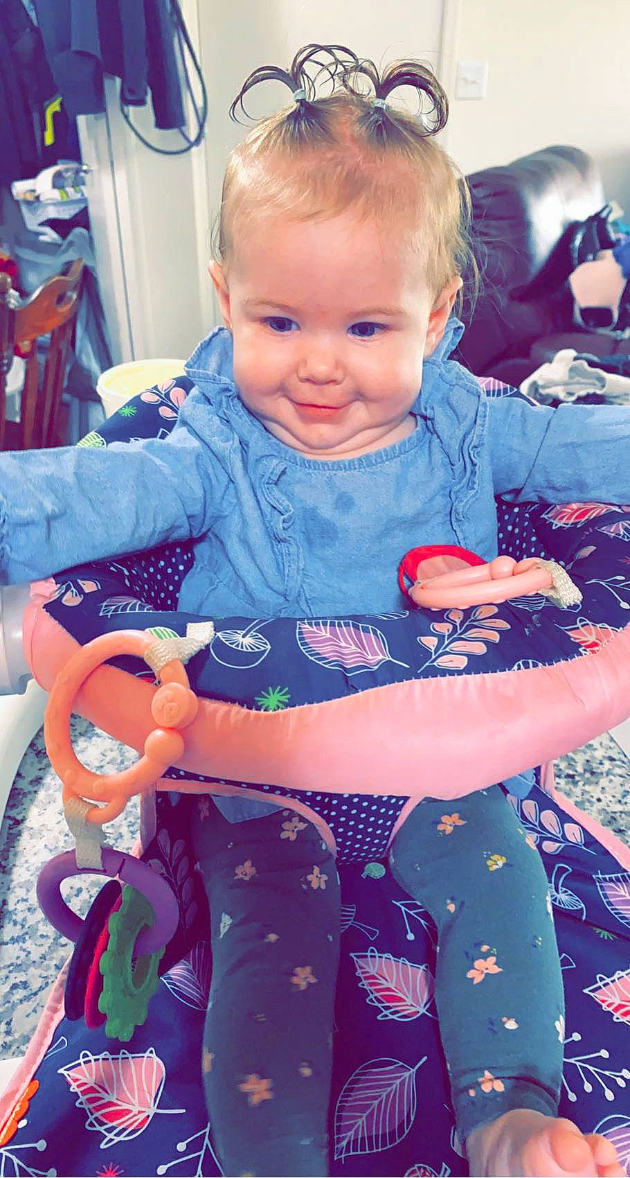 Ella is registered to the contest to win money with this photo: baby, baby_carriage, baby_toddler_clothing, blue, cheek, child, cool, face, fun, hairstyle, happy, iris, joy, leisure, organ, person, photograph, pink, purple, skin