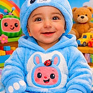 Zohan is registered to the contest to win money with this photo: baby, child, toddler, smiling, blue_costume, bunny_hat, hooded_onesie, plush_toy, teddy_bear, toy_car, rainbow_background, cheerful, cute, bright_colors, big_eyes, chubby_cheeks, indoors, playroom, soft_texture, portrait