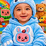 baby, child, toddler, smiling, blue_costume, bunny_hat, hooded_onesie, plush_toy, teddy_bear, toy_car, rainbow_background, cheerful, cute, bright_colors, big_eyes, chubby_cheeks, indoors, playroom, soft_texture, portrait