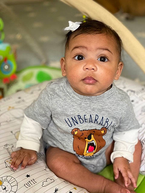 Addison joined the competition — help win amazing prizes! baby, baby_toddler_clothing, cheek, child, chin, eye, eyelash, face, facial_expression, fun, green, happy, head, iris, nose, person, skin, sleeve, t_shirt, toddler