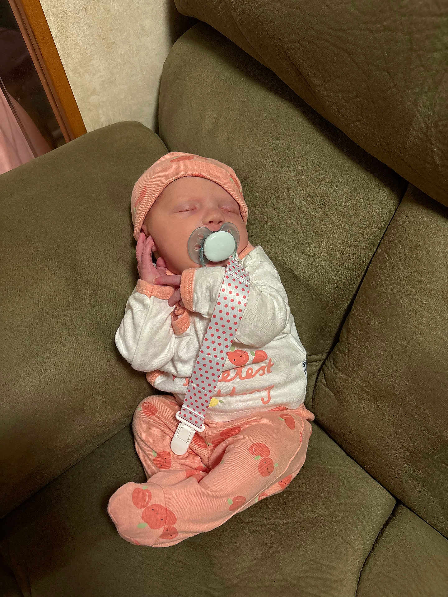 Bryleigh is registered to the contest to win money with this photo: baby, child, clip, clothing, comfort, couch, cute, green, hat, home, infant, newborn, pacifier, pajamas, peaceful, person, pink, resting, sleeping, soft