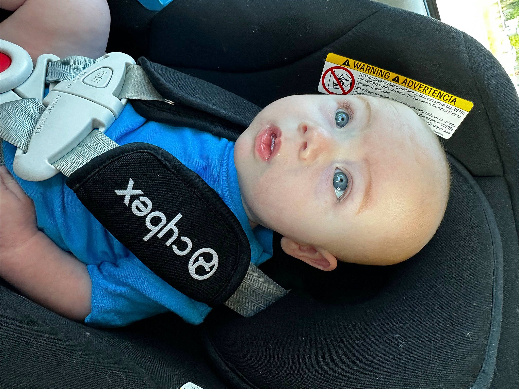 Maxton is registered to the contest to win money with this photo: auto_part, automotive_wheel_system, baby, baby_carriage, baby_products, baby_toddler_clothing, cap, car_seat, child, comfort, cool, elbow, electric_blue, fashion_accessory, headgear, motor_vehicle, person, sleeve, toddler, vehicle_door
