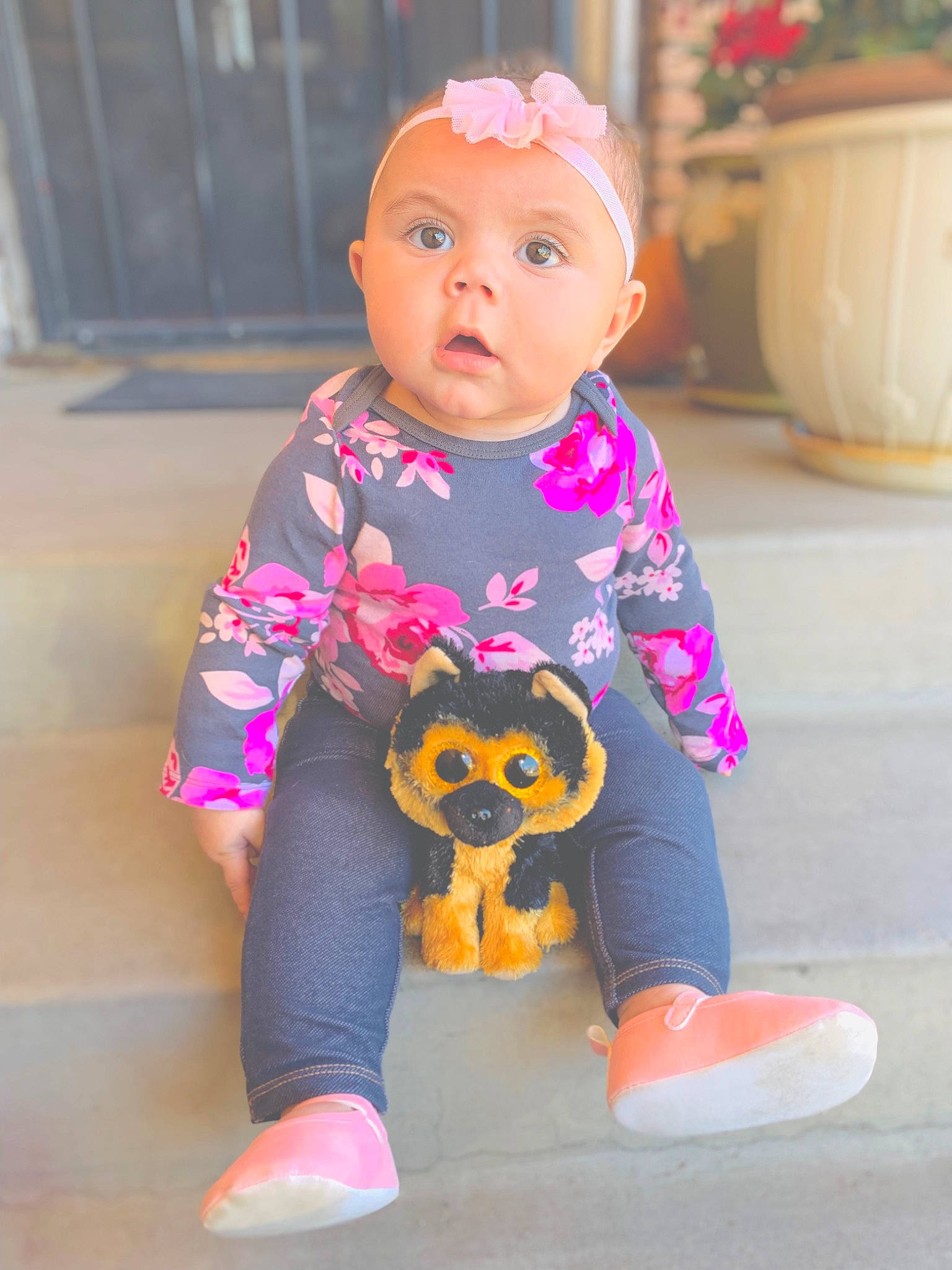 Zaryah is registered to the contest to win money with this photo: baby, baby_toddler_clothing, eye, face, floor, flooring, flowerpot, fun, happy, head, human_body, magenta, person, pink, purple, red, skin, sleeve, surprise, t_shirt