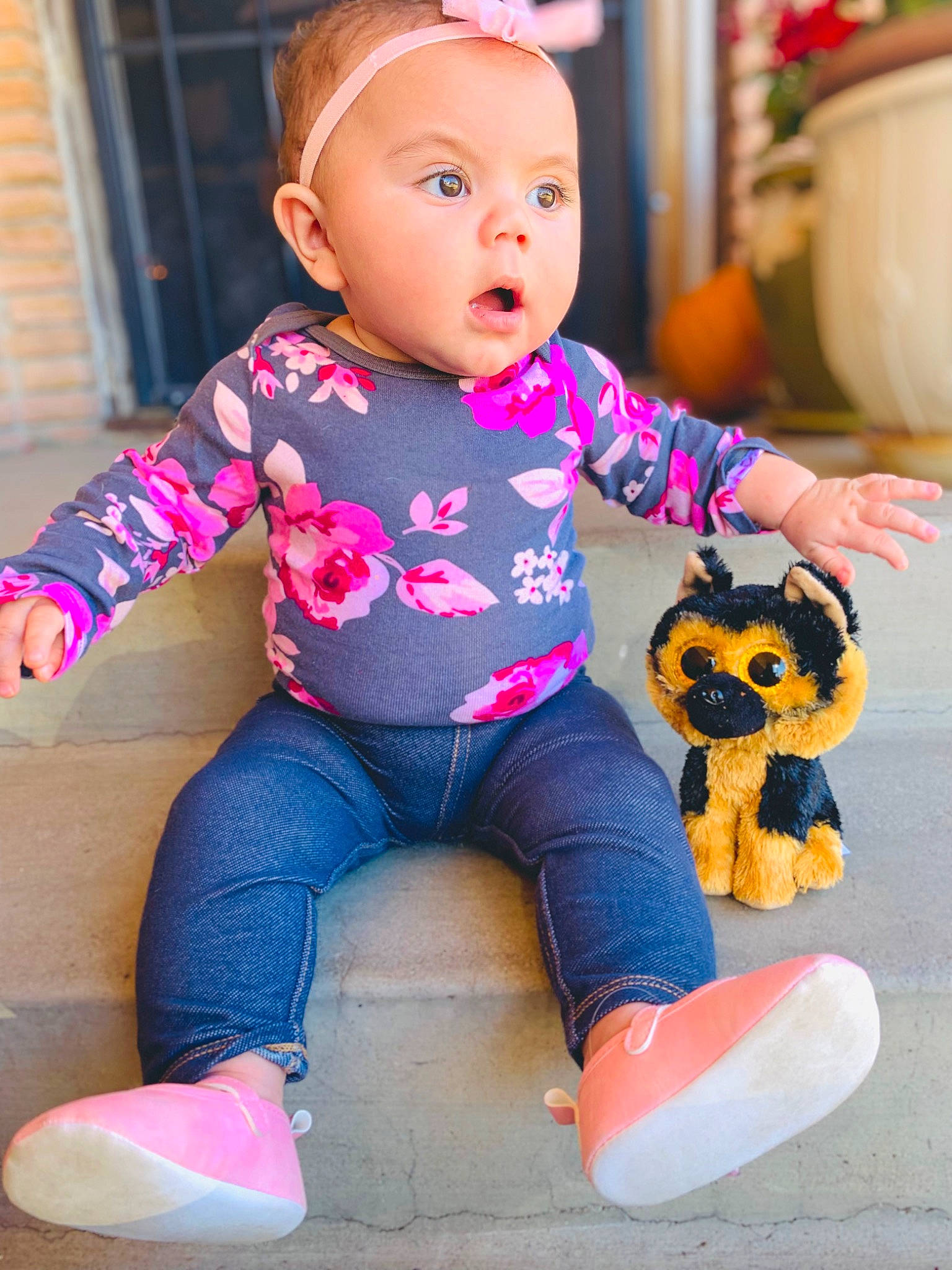 Zaryah joined the competition — help win amazing prizes! arm, baby_toddler_clothing, blue, cheek, eye, face, facial_expression, hairstyle, hand, head, person, photograph, pink, product, purple, shoe, skin, sleeve, standing, surprise