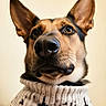 Roxanne is registered to the contest to win money with this photo: animal, beige, black, brown, canine, close_up, cozy, cute, dog, ears, face, fashion, fur, indoors, knitted, looking_up, pet, portrait, sweater, wearing_clothes