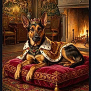 Roxanne is registered to the contest to win money with this photo: animal, app_interface, carpet, chair, crown, cushion, decor, digital_art, dog, fireplace, furniture, german_shepherd, indoor, luxury, painting_style, pet, portrait, regal, royal_cape, tapestry