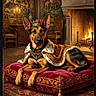 animal, app_interface, carpet, chair, crown, cushion, decor, digital_art, dog, fireplace, furniture, german_shepherd, indoor, luxury, painting_style, pet, portrait, regal, royal_cape, tapestry