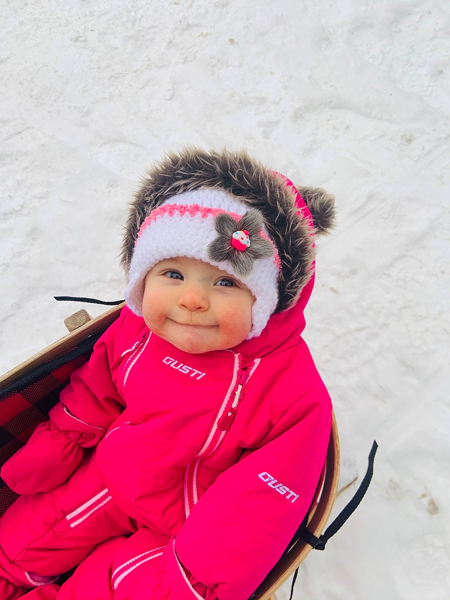 Leni joined the competition — help win amazing prizes! baby_toddler_clothing, cap, cheek, child, eye, freezing, glove, happy, headwear, leisure, magenta, outerwear, parka, person, personal_protective_equipment, recreation, sleeve, smile, snow, toddler