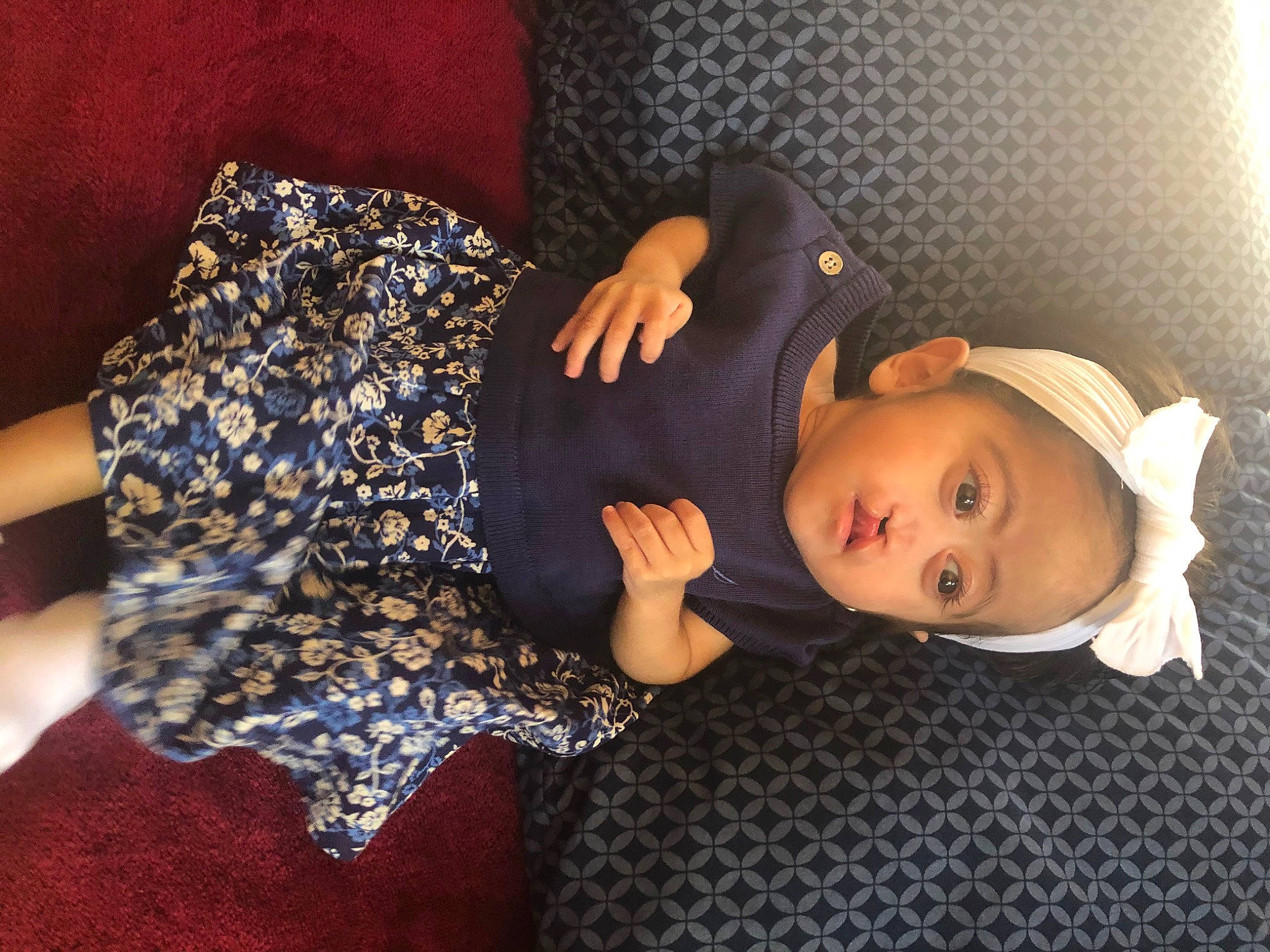 Aubree joined the competition — help win amazing prizes! arm, blond, comfort, day_dress, doll, electric_blue, hand, hat, headgear, human_leg, joint, knee, long_hair, pattern, person, sleeve, sun_hat, textile, thigh, toddler