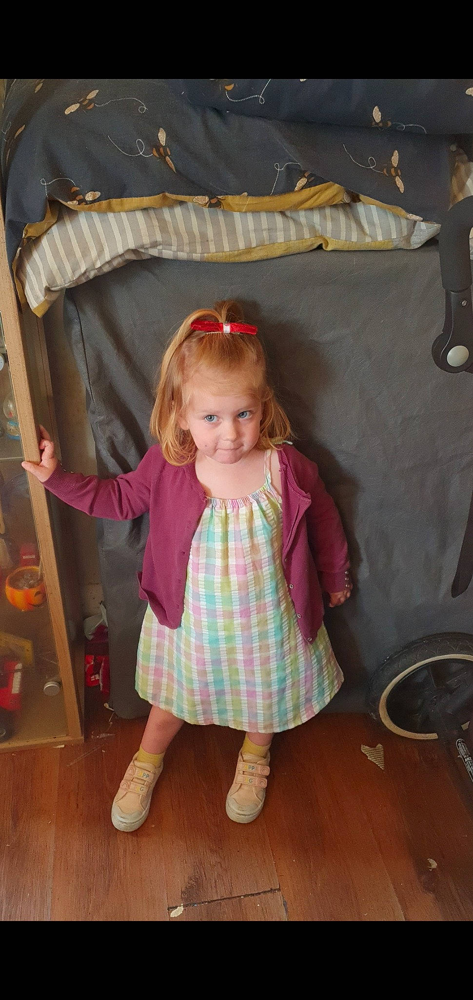 Crystal joined the competition — help win amazing prizes! baby_toddler_clothing, child, dress, flooring, fun, happy, joy, magenta, pattern, person, pink, plaid, purple, room, sandal, sleeve, smile, sock, sunglasses, textile