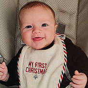 Milo participe au concours pour gagner de l'argent avec cette photo : baby, infant, smiling, face, bib, christmas, car_seat, seatbelt, clothing, happy, child, cute, portrait, indoors, closeup, young, holiday, festive, person, seat