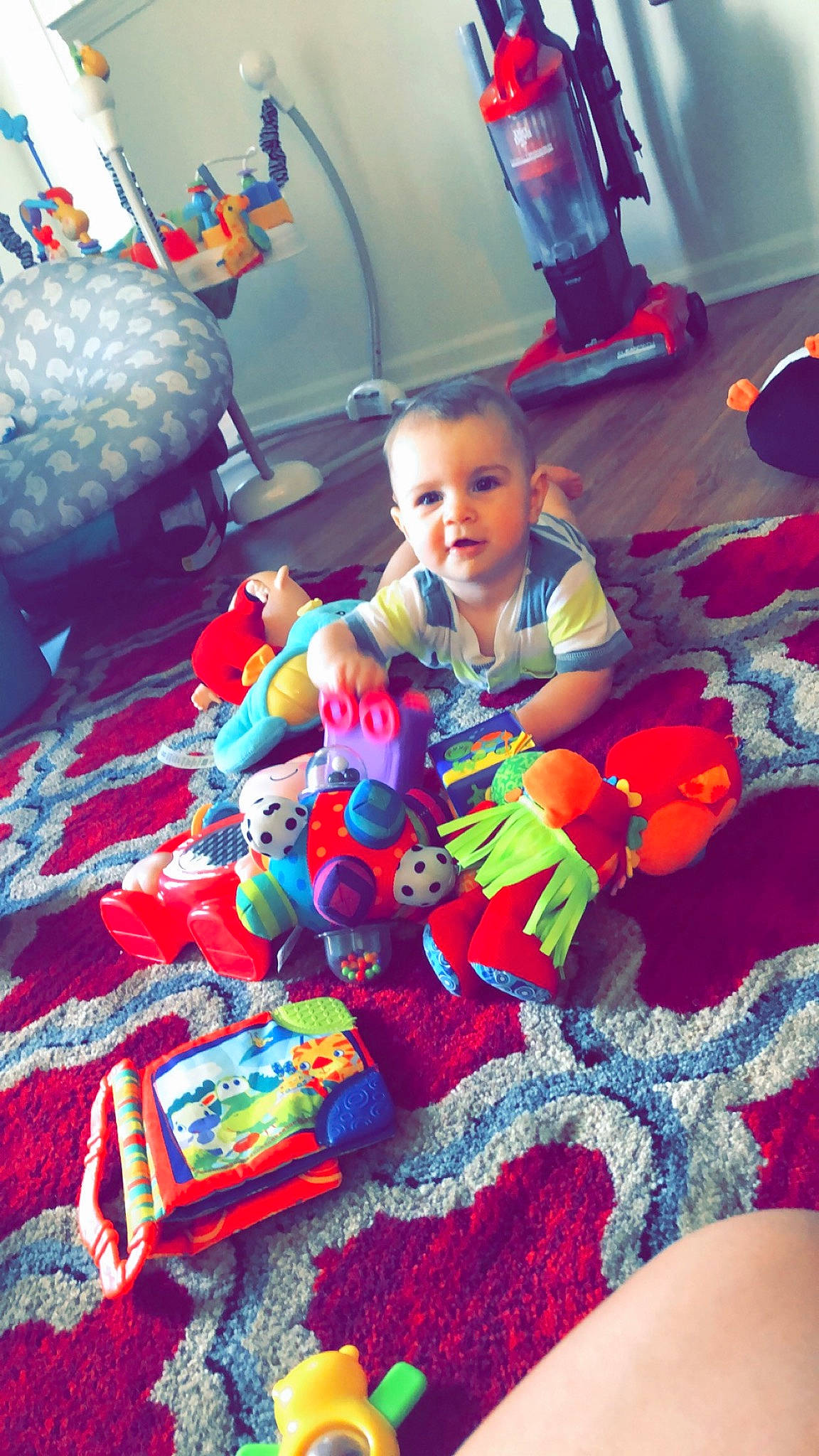 Caspian joined the competition — help win amazing prizes! baby, child, person, play, room, sitting, smile, toddler, toy, vacation