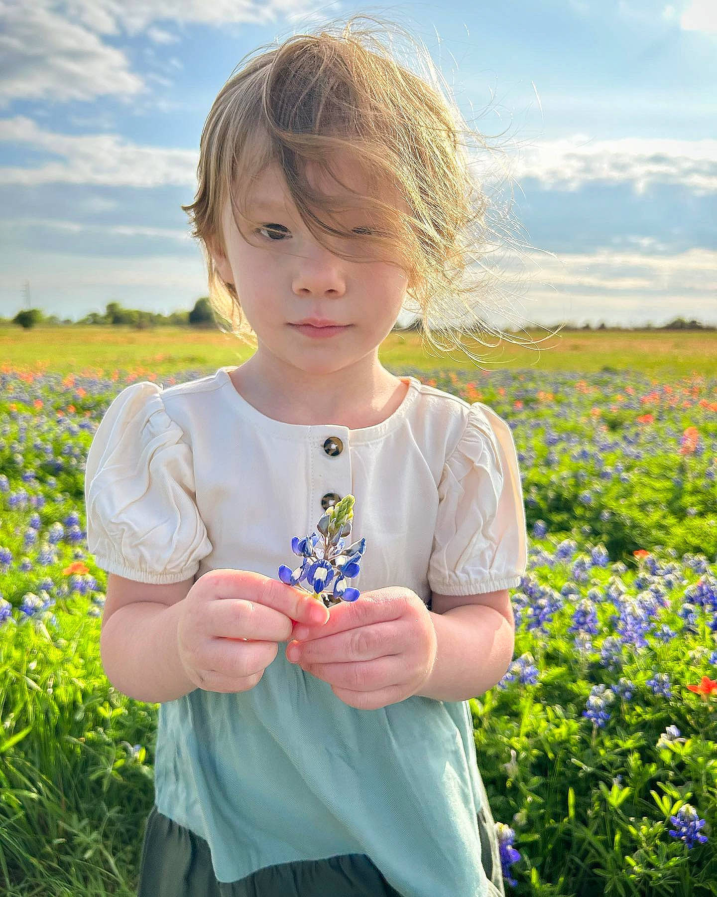 Zeniah is registered to the contest to win money with this photo: agriculture, azure, cloud, field, flower, grass, grass_family, grassland, happy, iris, meadow, natural_landscape, people_in_nature, person, plant, prairie, sky, sleeve, sunlight, toddler