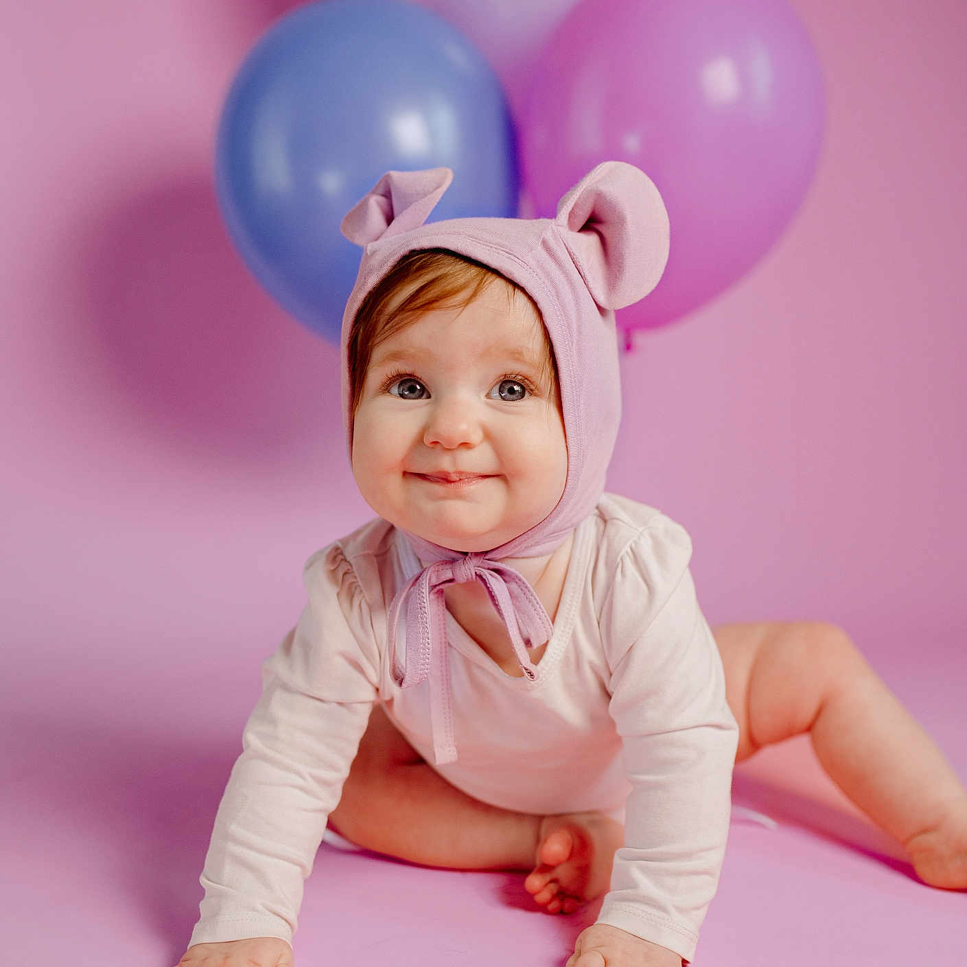 Violet joined the competition — help win amazing prizes! baby, babycrawling, balloon, bodypart, bonnet, clothing, crawling, face, finger, hand, happy, hat, head, newborn, person, photography, portrait, purple, smile, sphere