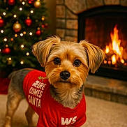 Bentley is registered to the contest to win money with this photo: dog, small_dog, red_shirt, christmas_tree, fireplace, carpet, indoor, holiday, festive, pet, cute, decorations, warm, cozy, animal, christmas, lights, home, portrait, seasonal