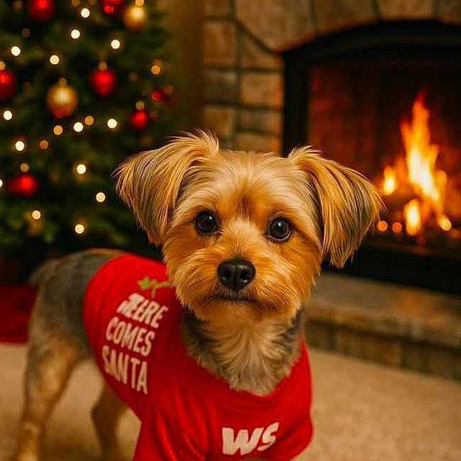 Bentley is registered to the contest to win money with this photo: animal, carpet, christmas, christmas_tree, cozy, cute, decorations, dog, festive, fireplace, holiday, home, indoor, lights, pet, portrait, red_shirt, seasonal, small_dog, warm