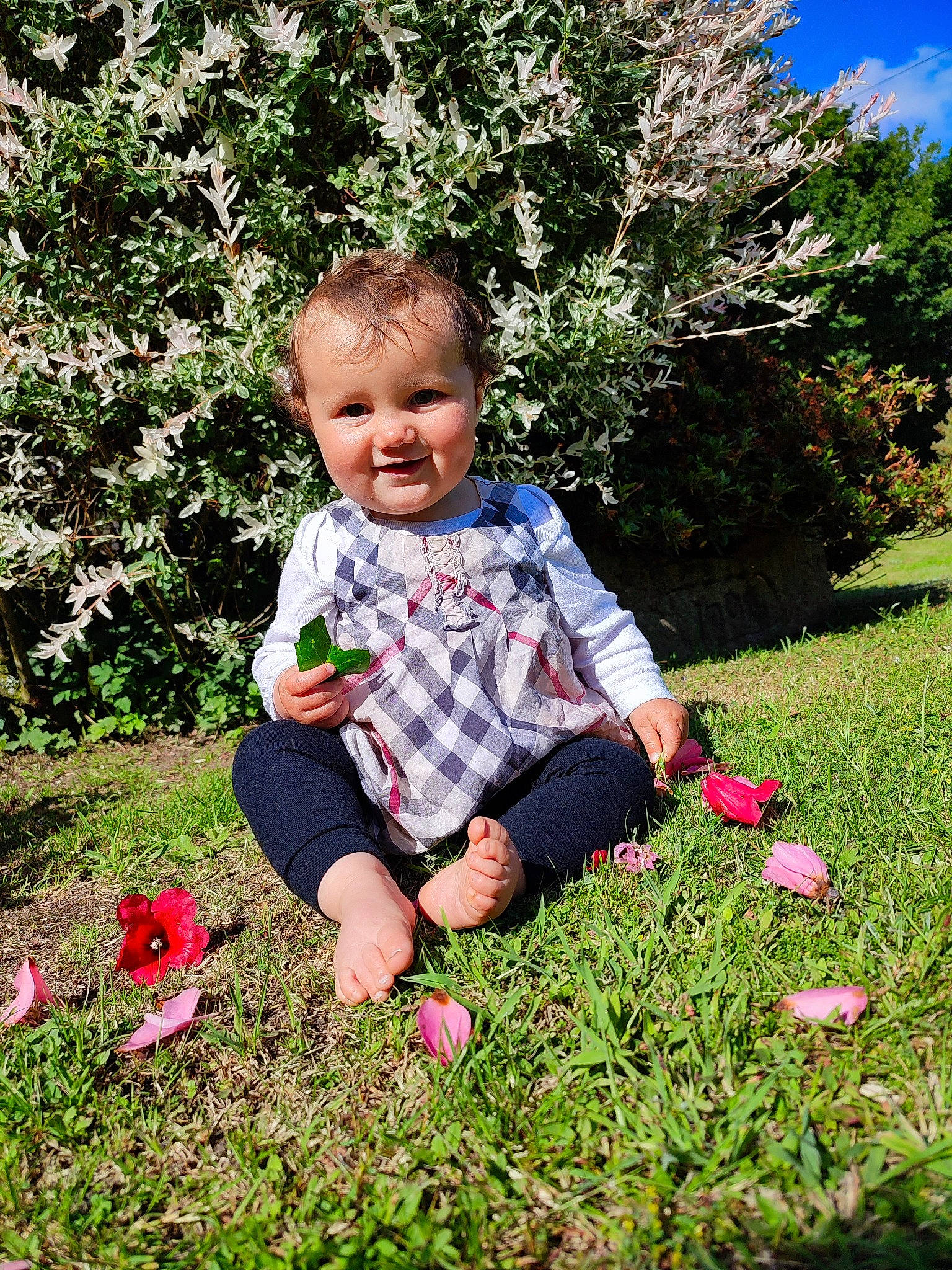 Rose participe au concours pour gagner de l'argent avec cette photo : baby_toddler_clothing, botany, flower, fun, grass, groundcover, happy, joy, leaf, meadow, nature, people_in_nature, person, petal, pink, plant, shrub, sky, smile, summer