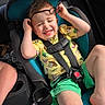 Brantley joined the competition — help win amazing prizes! child, toddler, car_seat, car_interior, smiling, sunlight, glasses, yellow_shirt, green_shorts, seatbelt, happy, playful, safety, window, daylight, cute, young_child, casual_clothing, car_trip, portrait