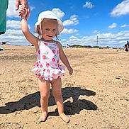 Amelia is registered to the contest to win money with this photo: child, toddler, beach, sand, sunhat, swimsuit, barefoot, holding_hand, adult, blue_sky, clouds, summer, outdoor, sunny, shadow, people, nature, vacation, playful, happy