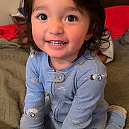 Mateo joined the competition — help win amazing prizes! bed, blue_clothing, child, cozy, cute, eyes, face, happy, home, indoors, kneeling, long_hair, pajamas, person, quilt, skin, smile, toddler, warm_lighting, young_child