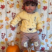 Mateo is registered to the contest to win money with this photo: baby, child, pumpkin, party_hat, autumn, fall_leaves, winnie_the_pooh, pants, sweater, shoes, floor, background, milestone, sign, ten_months, portrait, cute, indoors, celebration, person