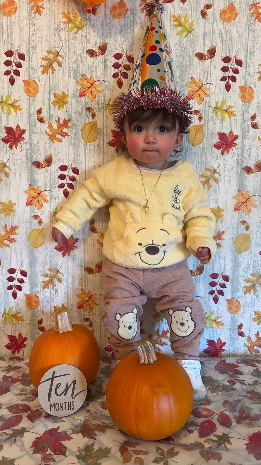 Mateo is registered to the contest to win money with this photo: baby, child, pumpkin, party_hat, autumn, fall_leaves, winnie_the_pooh, pants, sweater, shoes, floor, background, milestone, sign, ten_months, portrait, cute, indoors, celebration, person