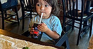 Mateo is registered to the contest to win money with this photo: background, brick_wall, casual_clothing, chair, child, cup, dining, drink, food, hairstyle, indoor, lime, napkin_holder, people, restaurant, straw, table, toddler, window, young_child