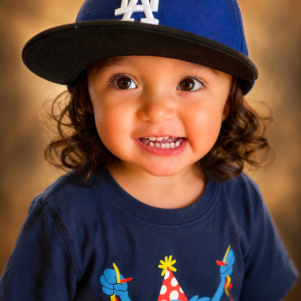 Mateo is registered to the contest to win money with this photo: toddler, child, smiling, curly_hair, blue_cap, tshirt, party_monster, portrait, happy, cute, face, eyes, teeth, indoor, fashion, headwear, expression, person, colorful, background
